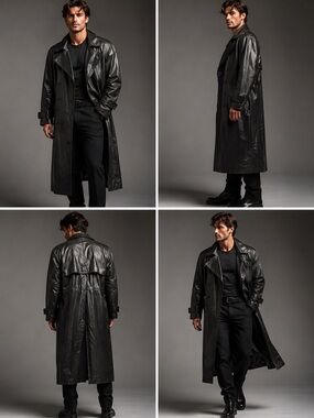 Men’s Black Leather Duster Coat 2XL Long Trench Jacket Double Breasted VTG